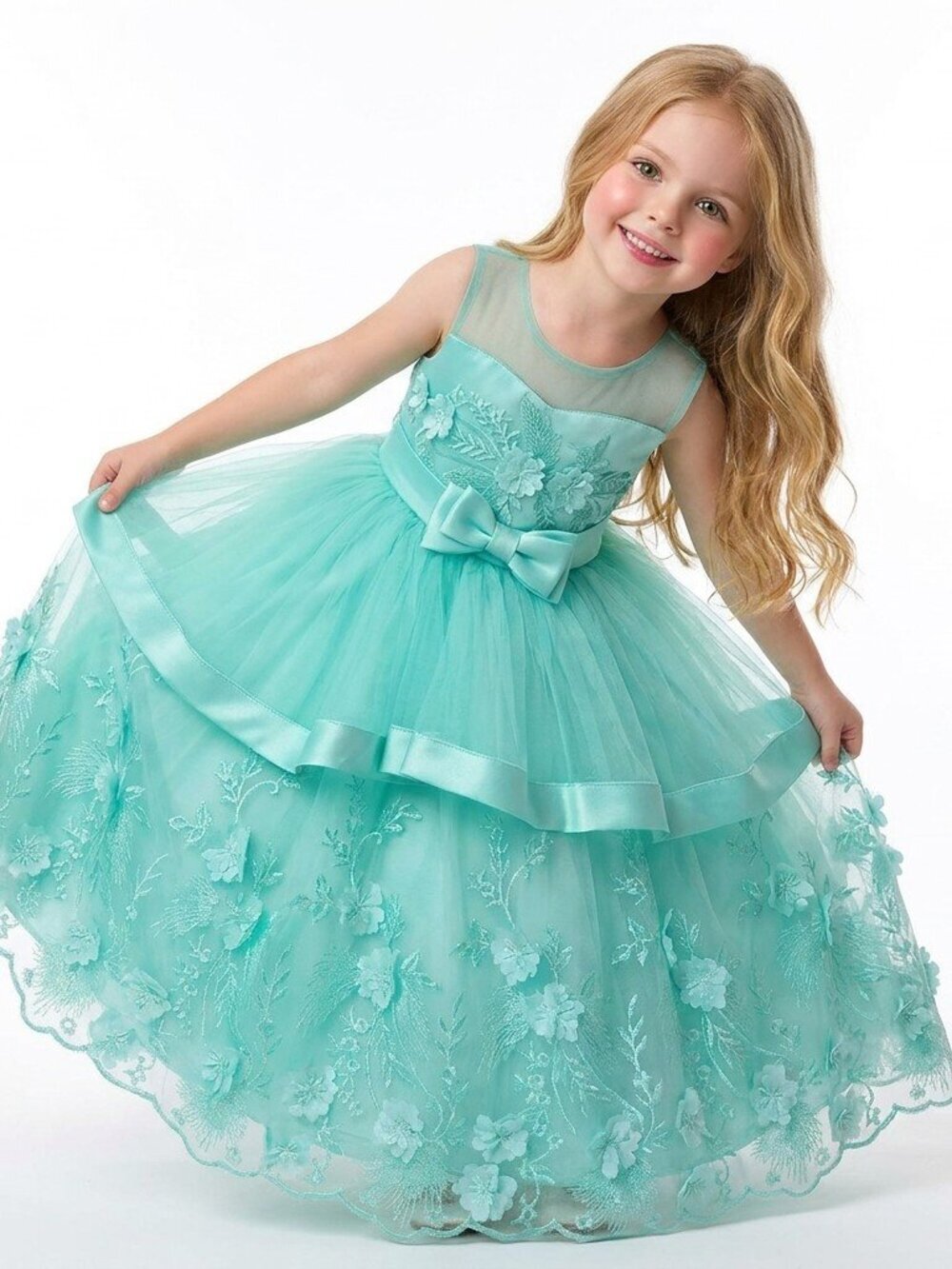 Girls Princess Party Dress Aqua Blue Floral Embroidered Tulle Birthday Party